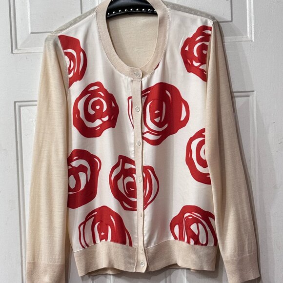 DKNY Women's Silk Sz L Cardigan Sweater Button Up Ivory Front w/Red Roses - Picture 1 of 9